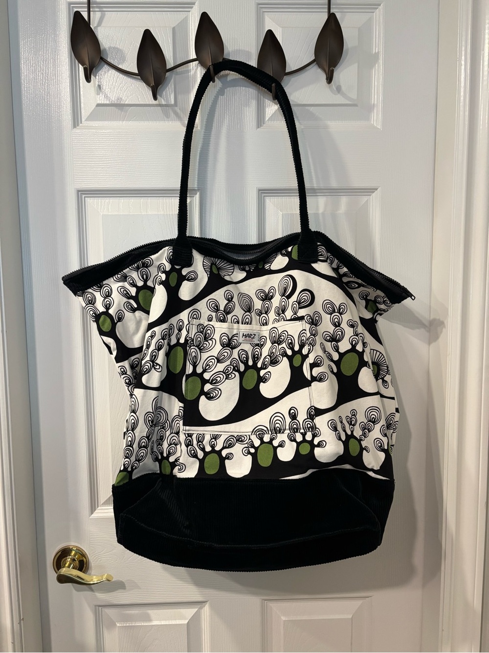 Black & White Patterned Tote with Green Accents